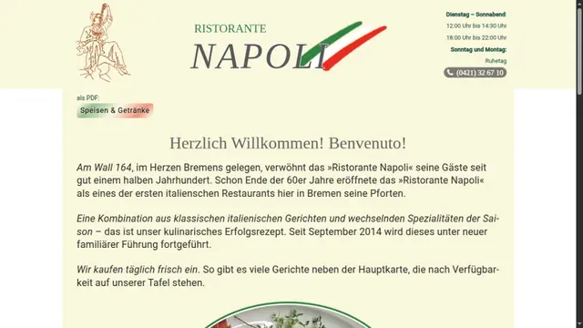 Website des Ristorante Napoli Bremen